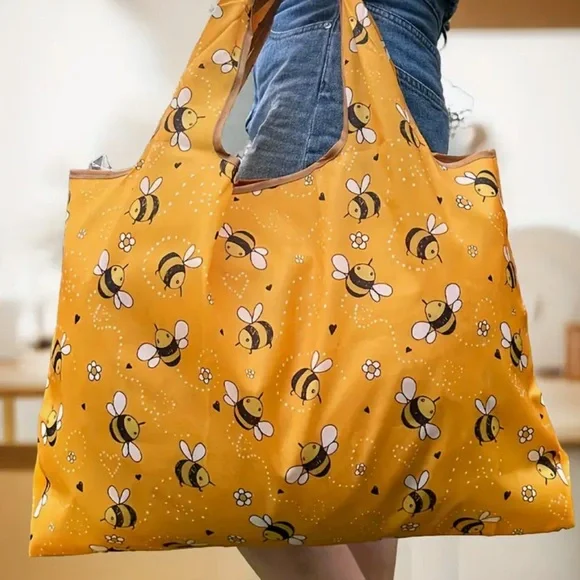 Portable Shopping Nylon Tote Bag Vibrant Bumble Bee & Flower Design - Picture 2 of 6